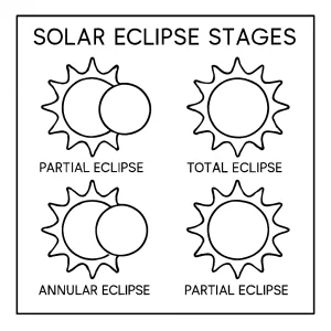Solar eclipse stages infographic coloring page for free printable use, showing different phases of a solar eclipse for kids to color