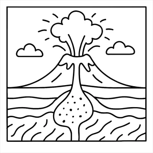 Educational volcano eruption cross-section coloring page for kids to print and color, showing magma, lava, and ash.