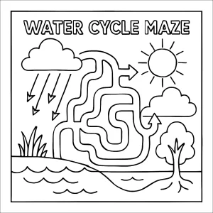 Educational water cycle maze worksheet coloring page for kids to print and color