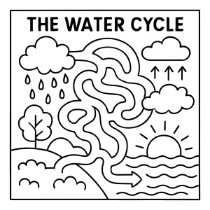Water cycle maze worksheet coloring page for kids to print and color