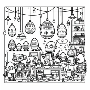 Robots and kids decorating eggs together in a workshop