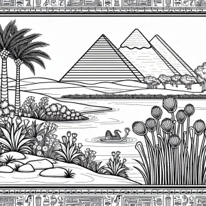 Egyptian pyramids with Nile plants and hieroglyph border coloring page