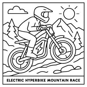 Electric Hyperbike Mountain Race coloring page for kids to print and color, featuring racing bikes and mountain scenery.