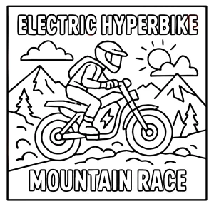 Electric hyperbike mountain race coloring page – free printable illustration for kids