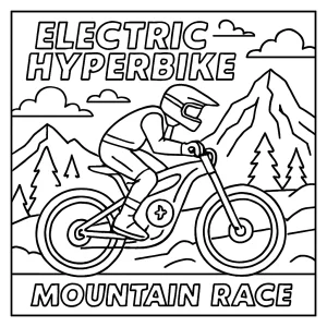 Electric Hyperbike Mountain Race coloring page featuring futuristic bikes racing on a mountain track, free to print and color.