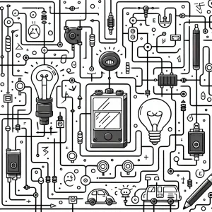 Electric circuit maze coloring page showing a battery, wires, and a lightbulb for kids to color and solve