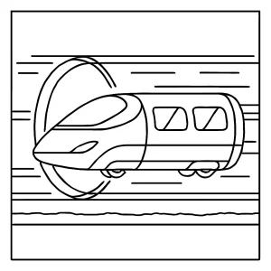 Electric hyperloop pod speeding in transparent tunnel cutaway coloring page