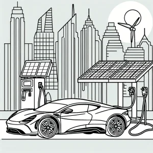 Electric supercar charging at a solar station with city skyline