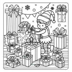 Elf wrapping colorful presents with ribbons and bows