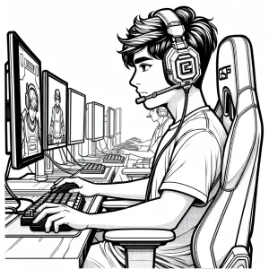 Esports gamer focused at computer with headset coloring page