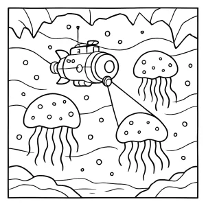 Europa submarine probe discovering glowing jelly-like aliens coloring page for free printing