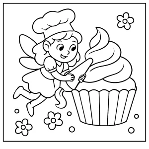 Fairy baker frosting a giant cupcake coloring page, printable for kids