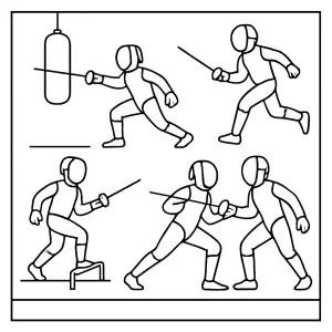 Fencing athlete training montage coloring page showing action-packed practice scenes for kids to color