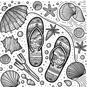 Flip flops and seashells scattered in sandy beach