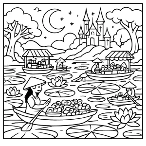 Enchanted lily floating market coloring page for free printable activity