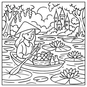 Floating Market on Lilies coloring page featuring magical lily pads, boats, and whimsical scenery for kids to print and color.