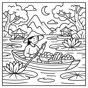 Enchanted lily floating market coloring page with magical boats, fairies, and giant water lilies. Free printable coloring page for kids.