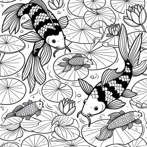 Floating koi fish and lily pads in a repeating pattern coloring page