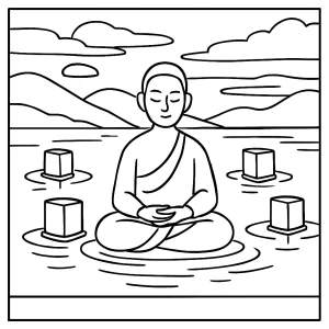 Floating lantern meditation on quiet lake at dusk coloring page, printable for kids and adults