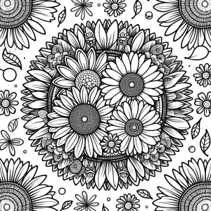Floral mandala with daisies and sunflowers coloring page