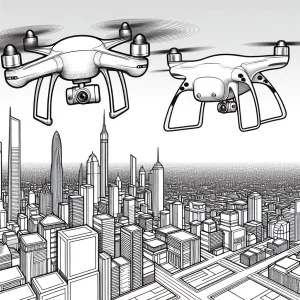 Flying taxi drone above futuristic city skyline coloring page