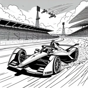 Formula-E electric race car drifting past solar grandstands with sparks