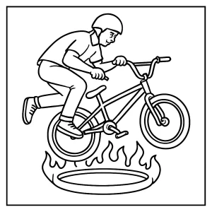 Freestyle BMX rider tail-whipping over LED fire ring coloring page for kids to print and color.