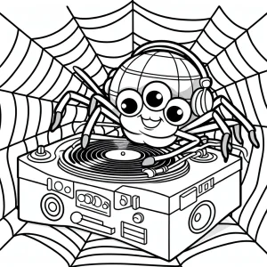 Friendly spider DJ spinning records at a spider-web disco