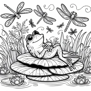 Frog prince lounging on a lilypad with dragonflies flying overhead