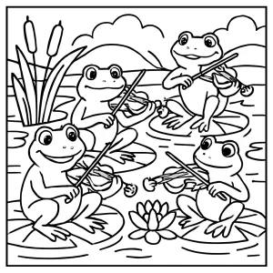 Frogs playing violin in lily pond spring concert coloring page for free printable fun