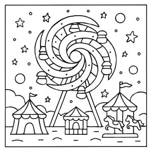 Galactic carnival with spiral galaxy Ferris wheel coloring page for kids