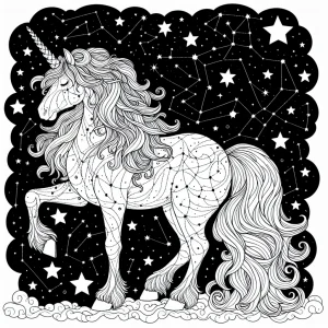 Galaxy unicorn with constellation patterns in mane and starry background coloring page