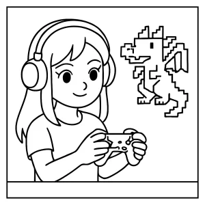 Gamer girl with pixel pet dragon coloring page for free printable fun