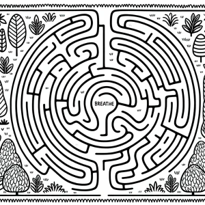 Garden labyrinth coloring page with mindfulness prompts around the border