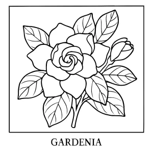 Vintage gardenia botanical coloring page printable with detailed flower and leaves illustration