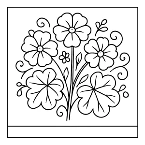 Whimsical geranium bouquet coloring page with detailed flowers and leaves, printable for kids and adults