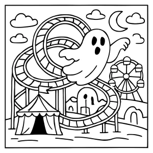 Spooky ghost roller-coaster spiraling through abandoned carnival coloring page, free printable for kids