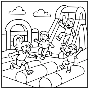 Giant inflatable obstacle course party coloring page with kids mid-bounce, printable for free coloring fun