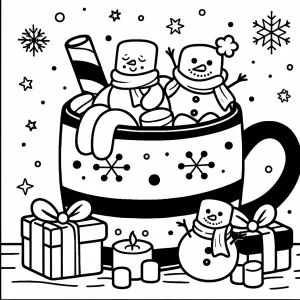 Giant mug of peppermint cocoa with marshmallow snowmen relaxing inside