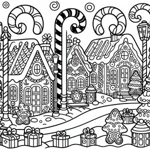 Outline of a gingerbread house city with candy cane lampposts