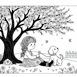 Girl and her puppy sitting under a cherry blossom tree