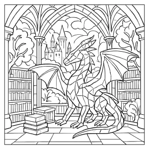 Glass Dragon Library coloring page featuring a magical library and a glass dragon for kids to color