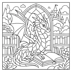 Glass Dragon Library in Enchanted Realm coloring page featuring a magical glass dragon and whimsical library for kids to color