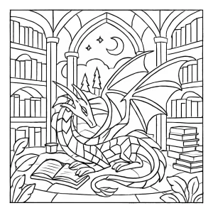 Glass Dragon Library in enchanted realm coloring page with magical dragon and bookshelves to print and color