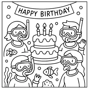 Glowstick underwater birthday party coloring page with kids in scuba masks, neon decorations, and sea creatures