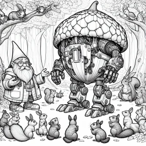 Gnome inventor unveiling acorn-powered mech suit to woodland animals coloring page