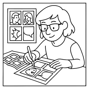 Comic artist drawing comic panels at a desk coloring page for free printable use