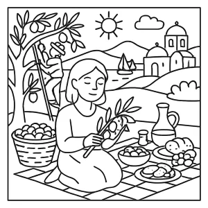 Greek olive harvest picnic coloring page with countryside, picnic, and olive trees for kids to color