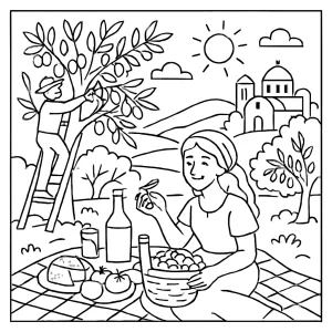 Greek olive harvest picnic coloring page for free printable activities