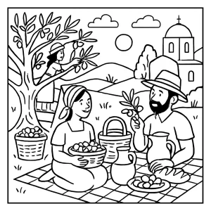 Greek olive harvest picnic coloring page with families, olive trees, and baskets in a countryside scene